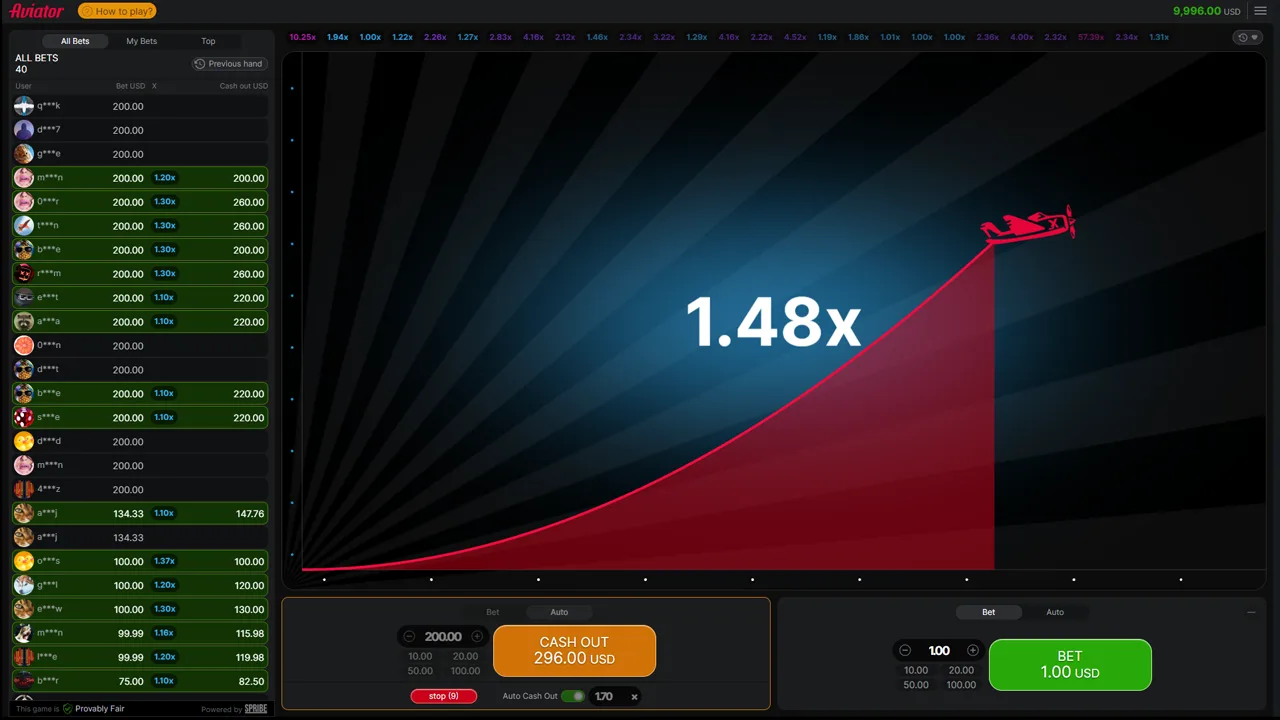 Auto Cash Out enabled at 1.7x, yellow cash-out button active during a live round