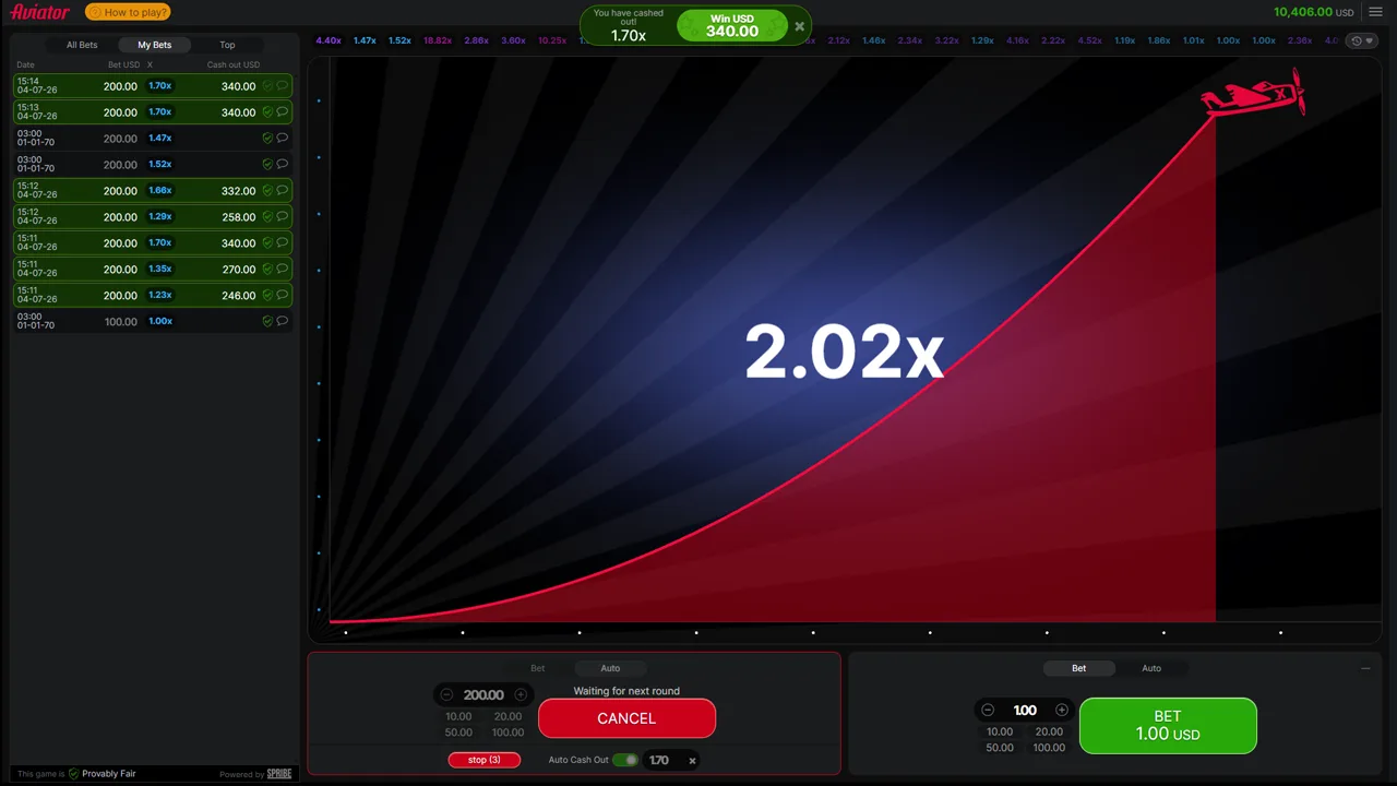 Green banner confirming Auto Cash Out fired at 1.7x while the plane keeps flying