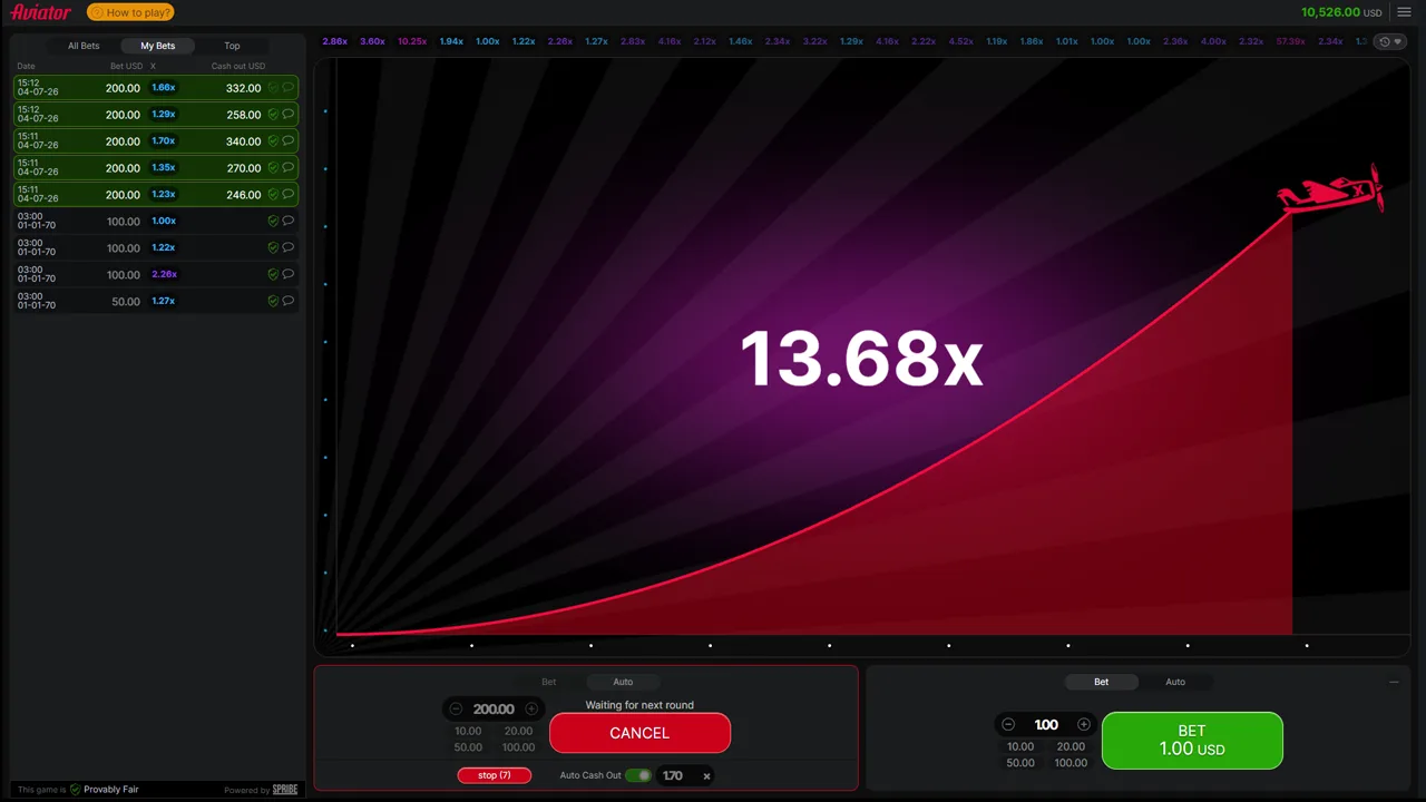 One of our test rounds reaching a 13.68x multiplier, My Bets history panel open on the left