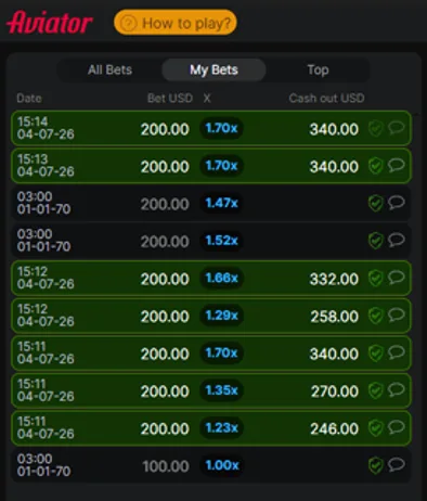 My Bets tab showing history: time, stake, multiplier, and payout for each round