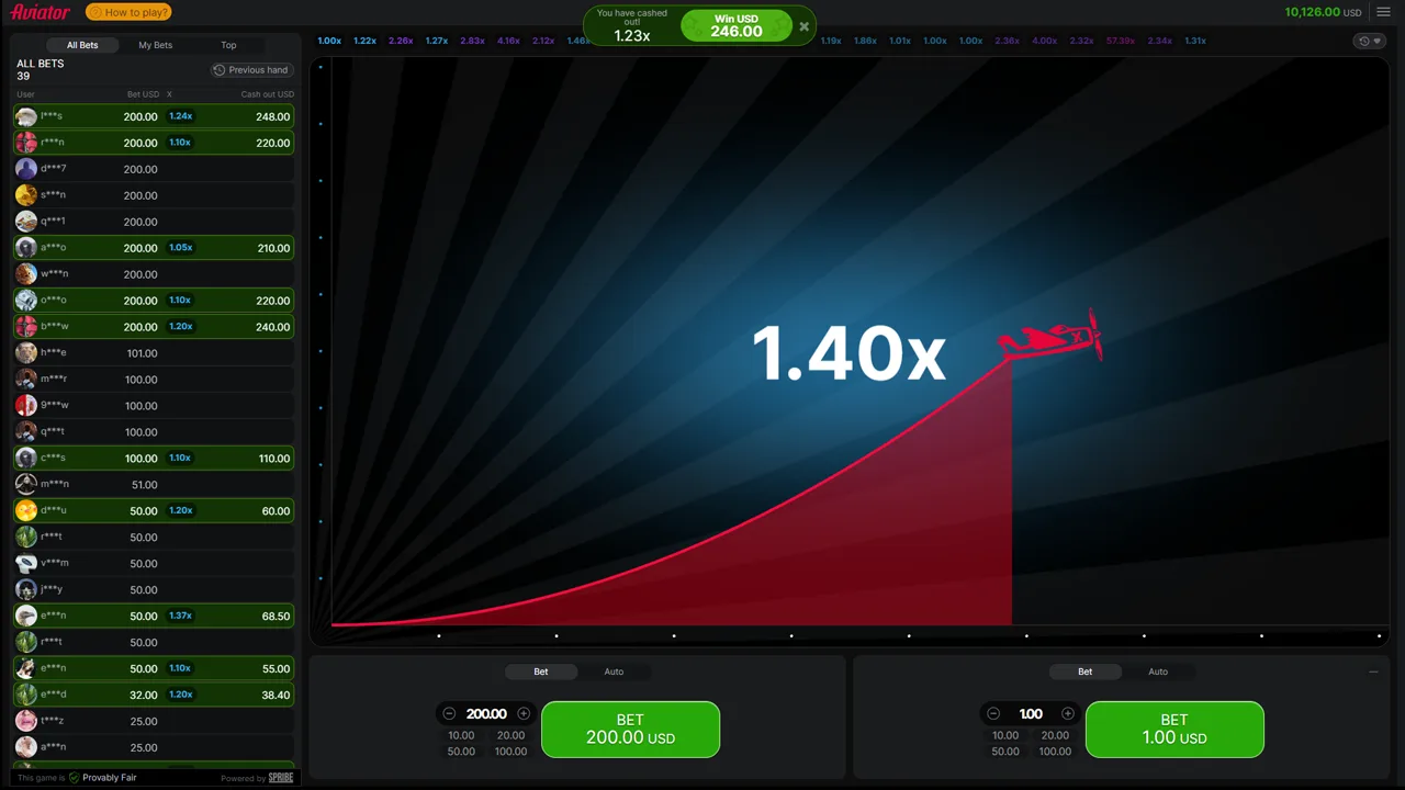 Green banner showing a cash out at 1.23x, turning a 200 USDT bet into 246 USDT
