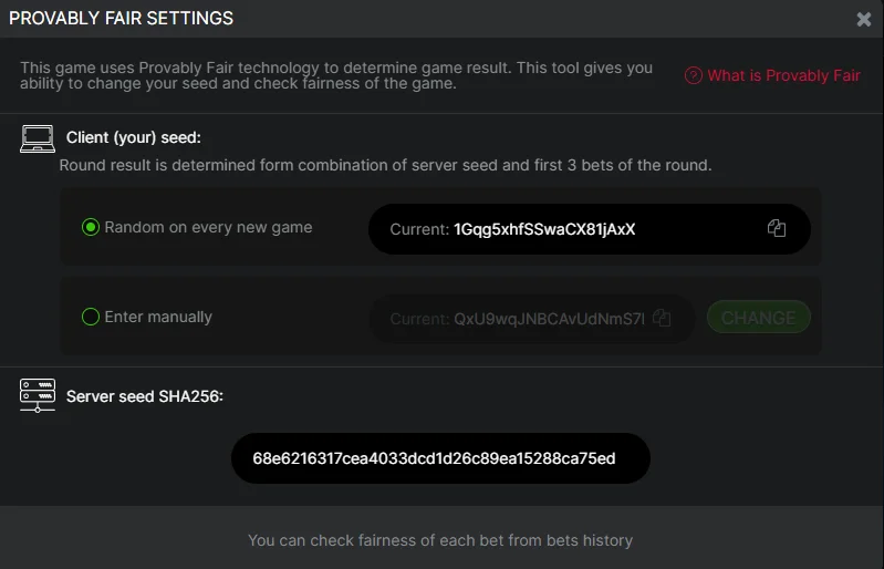 Provably Fair Settings paneli: istemci tohumu (rastgele veya manuel ayarlanmış) ve sunucu tohumunun SHA256 hash'i